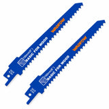 Two Wadfow WJT611D 150mm blue wood reciprocating saw blades with 6TPI teeth on a white background.