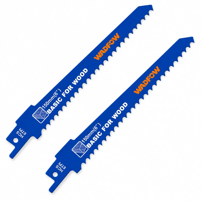 Two Wadfow WJT611D 150mm blue wood reciprocating saw blades with 6TPI teeth on a white background.