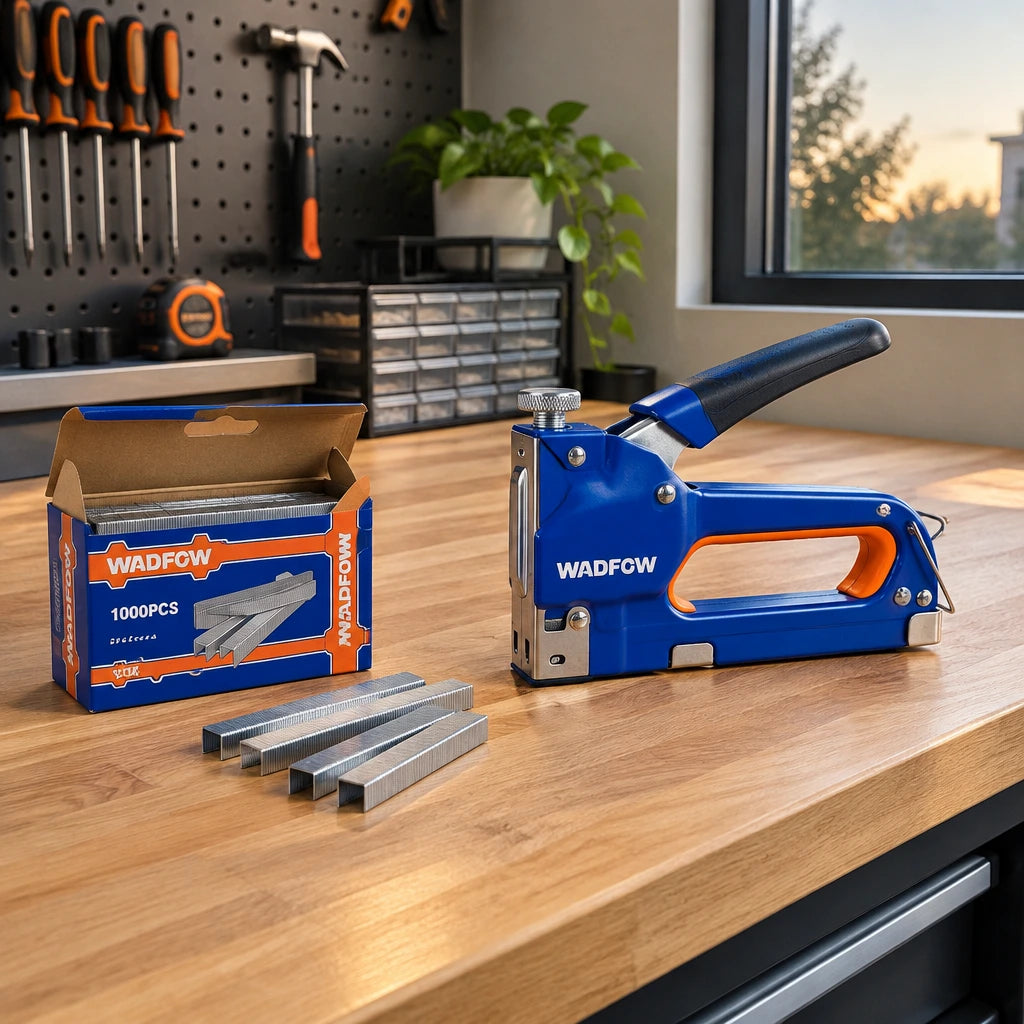 Replenished compatible staple gun and Wadfow WNA0708 staple pack arranged on an orderly workshop workstation