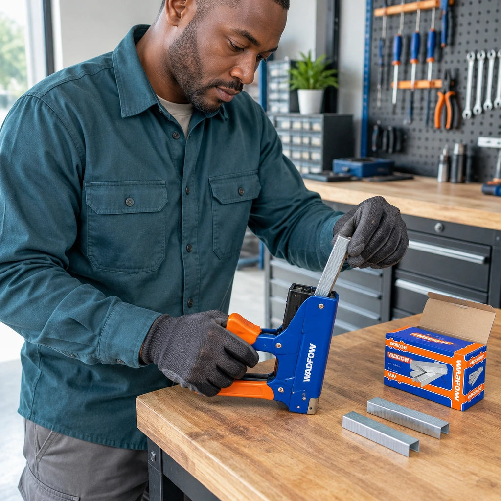 African American repair technician loading a Wadfow WNA0708 staple strip into a compatible staple gun at a workshop bench