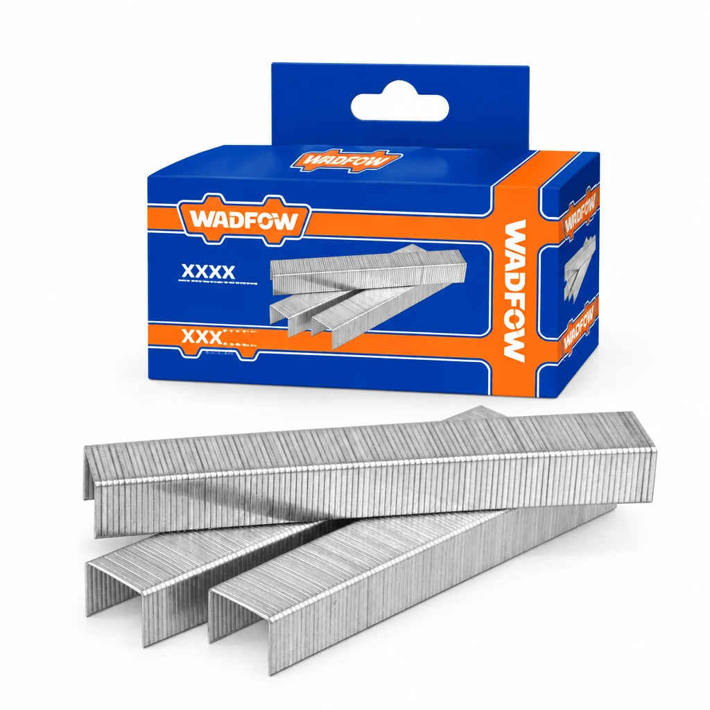 Wadfow WNA0810 box with joined 10 mm by 1.2 mm metal staple strips on a white background