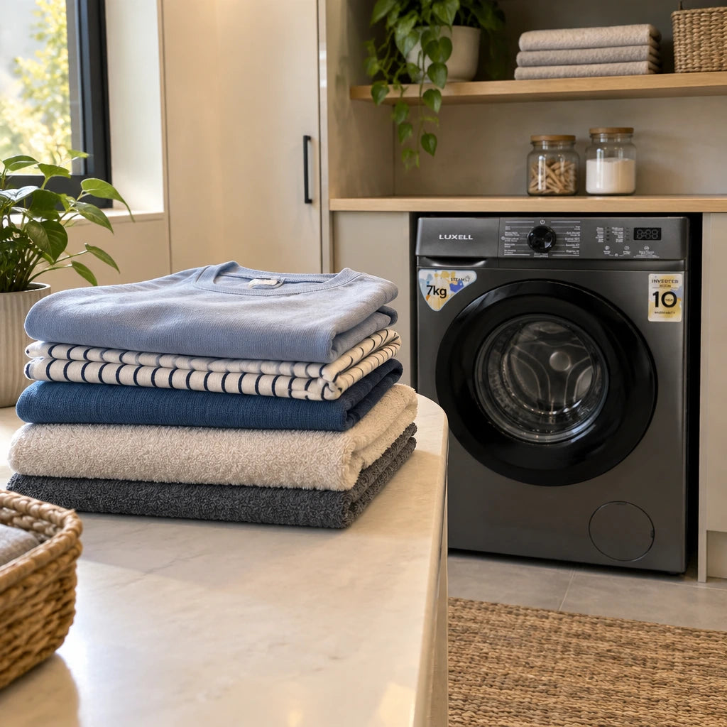 Folded clean clothes and towels beside a closed Luxell dark grey front-load washing machine in a contemporary laundry room
