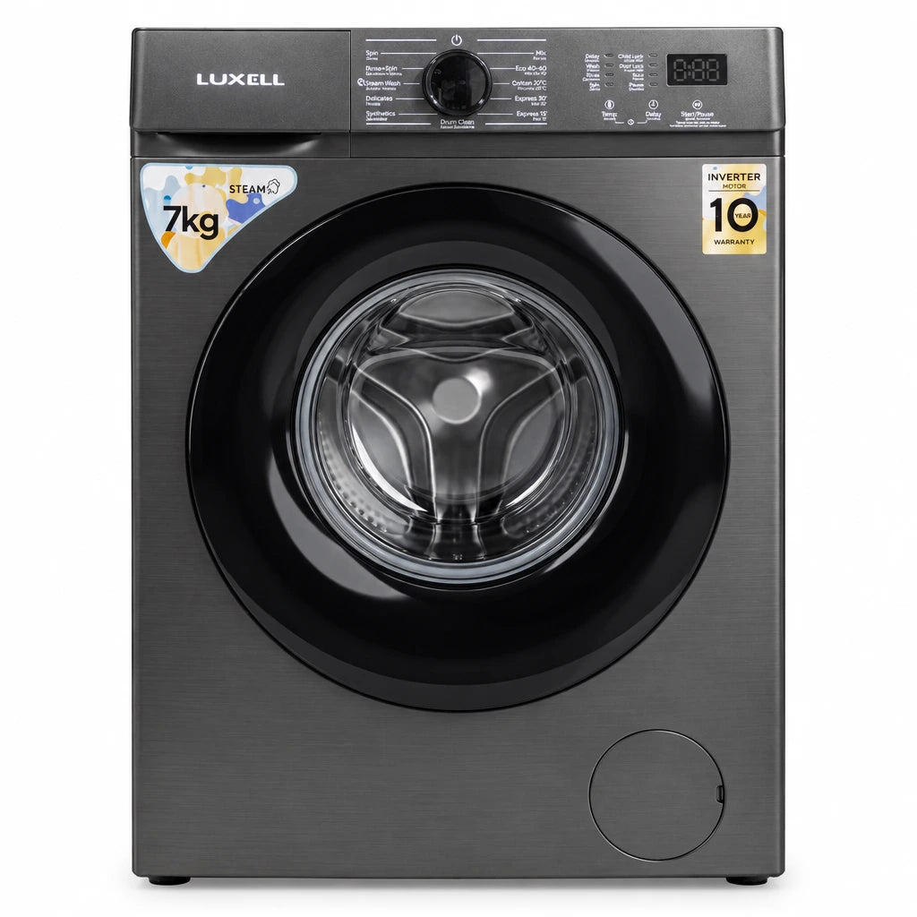 Luxell LW7MAC-2(J) dark grey 7kg front-load steam inverter washing machine on a white background