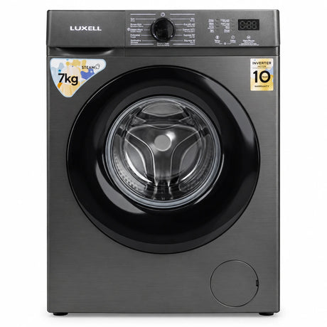 Luxell LW7MAC-2(J) dark grey 7kg front-load steam inverter washing machine on a white background
