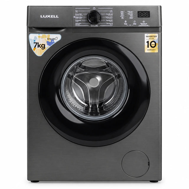 Luxell LW7MAC-2(J) dark grey 7kg front-load steam inverter washing machine on a white background