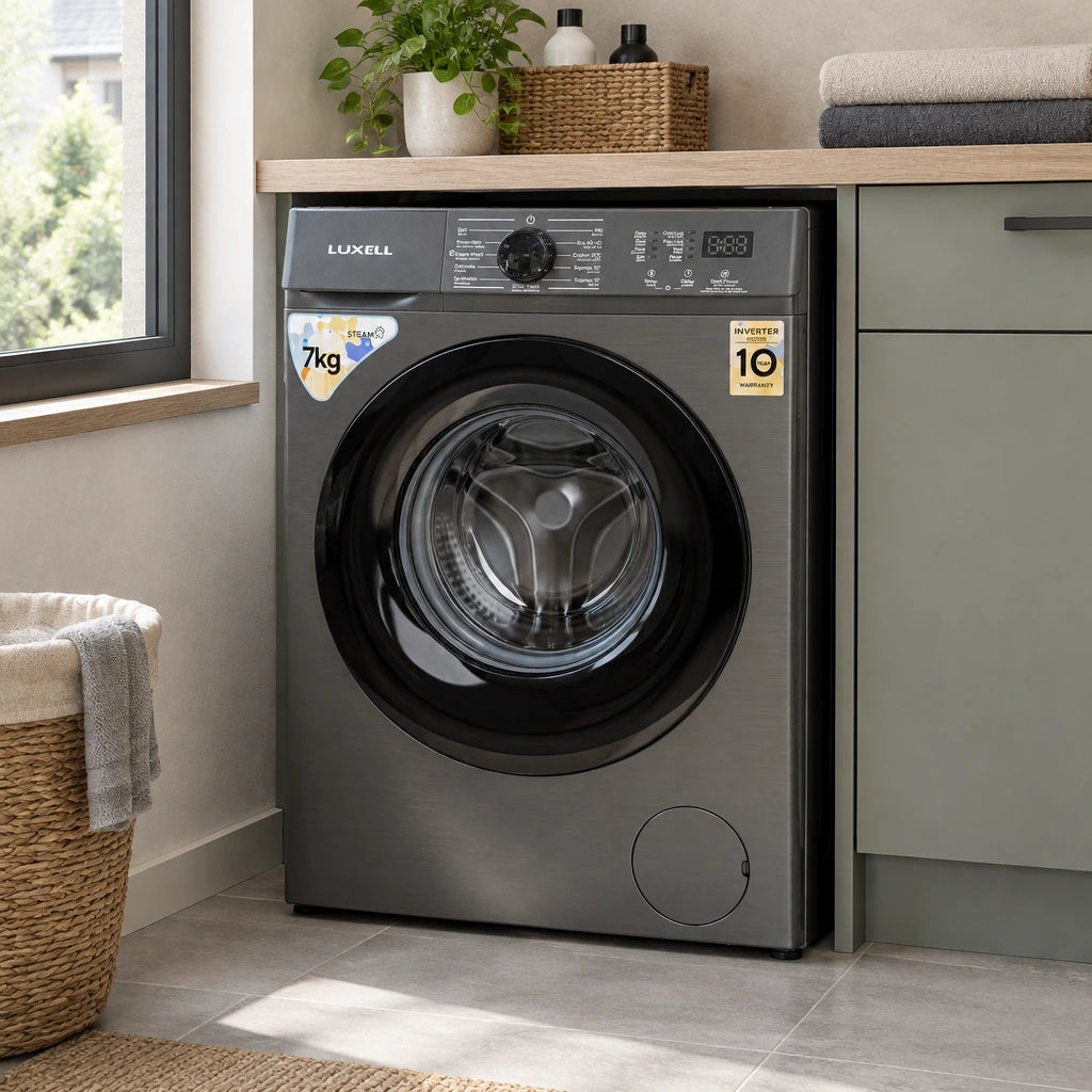 Dark grey Luxell 7kg front-load washing machine resting in a compact contemporary utility laundry room