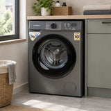 Dark grey Luxell 7kg front-load washing machine resting in a compact contemporary utility laundry room