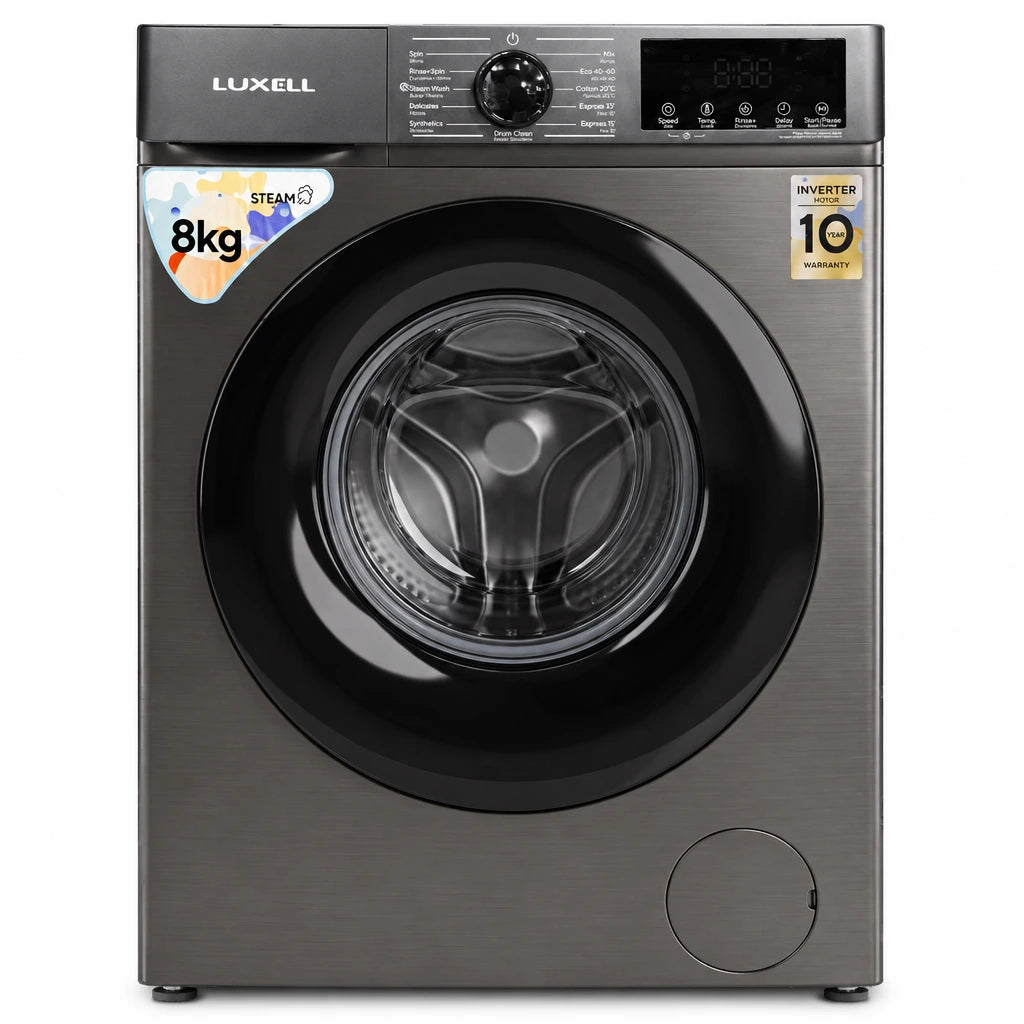 Dark-grey Luxell 8kg front-load steam inverter washing machine shown straight-on on a white background.