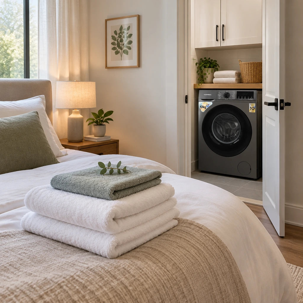 Freshly laundered bedding and folded towels in a calm bedroom with the Luxell 10kg washing machine visible nearby