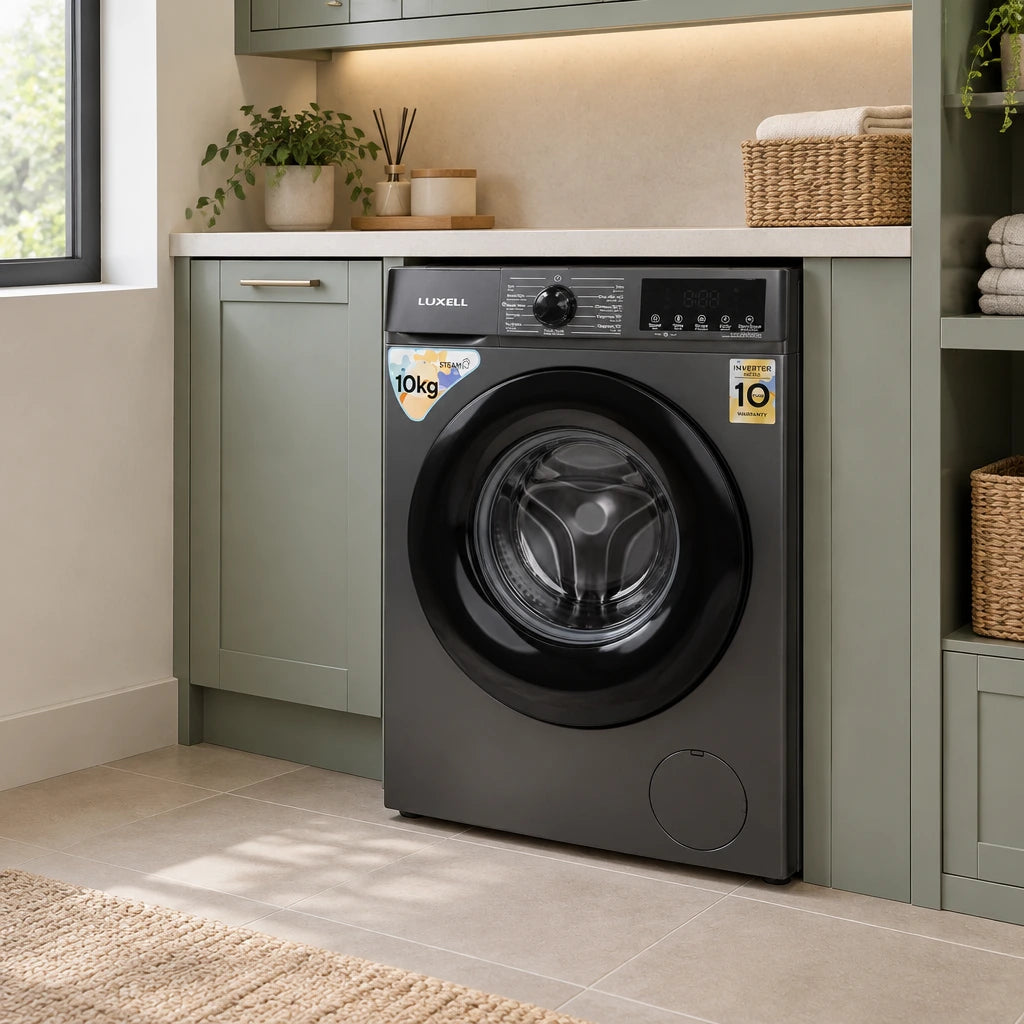 Luxell dark-grey 10kg front-load washing machine positioned in a refined contemporary home laundry room