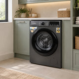 Luxell dark-grey 10kg front-load washing machine positioned in a refined contemporary home laundry room