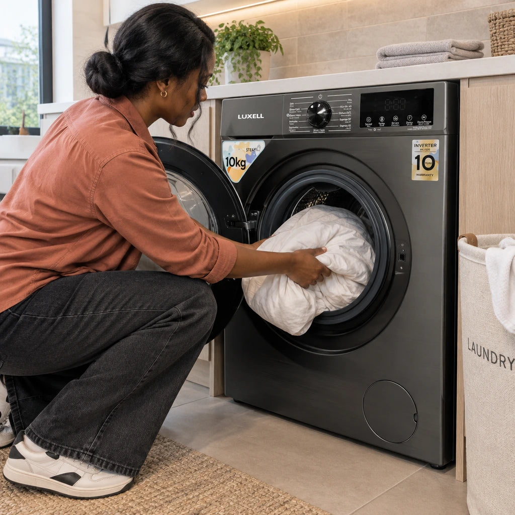 African American adult loading bed sheets into the open Luxell 10kg front-load washing machine in a modern laundry room