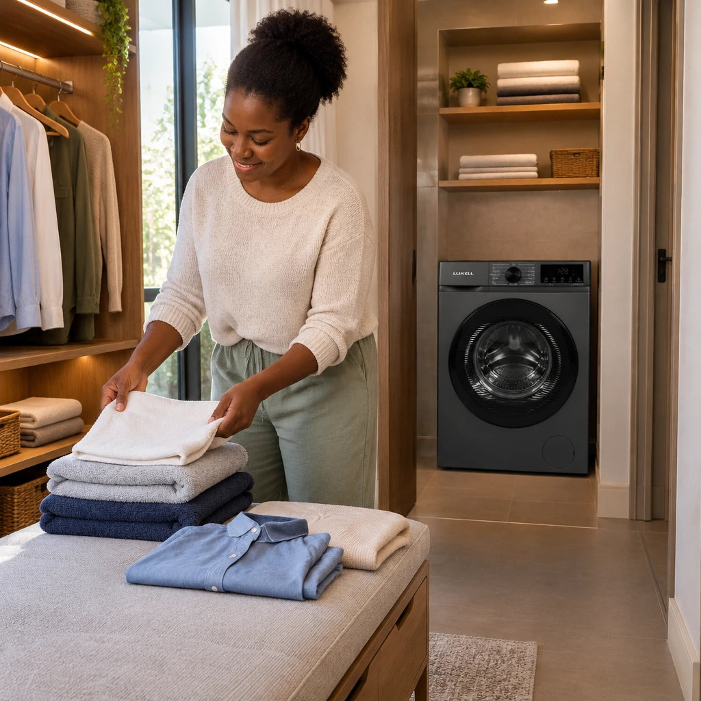Clean dry clothes and towels arranged in a dressing room beside a Luxell washer-dryer