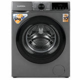 Luxell grey 12kg washer and 8kg dryer with front-load door and digital control panel on white background