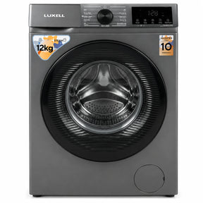Luxell grey 12kg washer and 8kg dryer with front-load door and digital control panel on white background