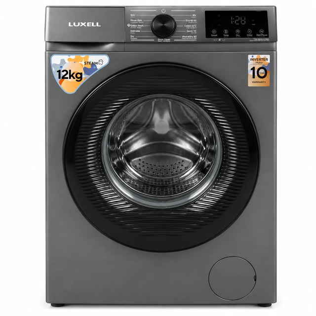 Luxell grey 12kg washer and 8kg dryer with front-load door and digital control panel on white background