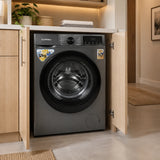 Luxell grey front-load washer-dryer resting in a refined apartment utility cupboard