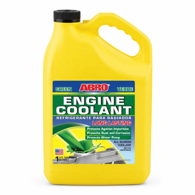 ABRO green all-season engine coolant in a yellow 3.785 L bottle with black cap