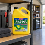 Capped ABRO green engine coolant bottle stored on a clean automotive shelf in a home garage