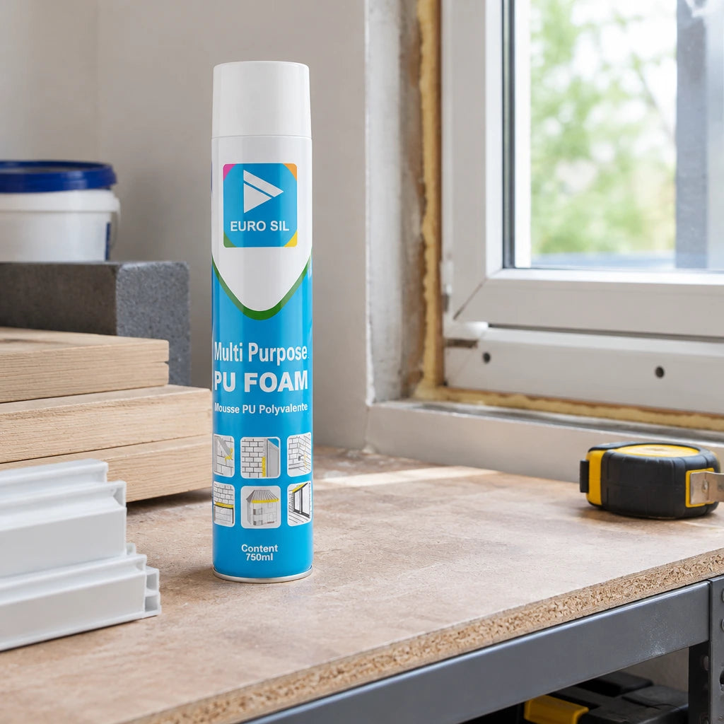 Capped EuroSil 750ml expanding PU foam can stored upright in an organised window-renovation workshop.