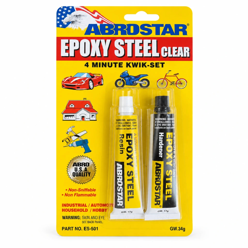 ABROSTAR Epoxy Steel Clear ES-501 34g blister pack with separate resin and hardener tubes on white