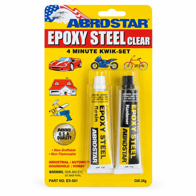 ABROSTAR Epoxy Steel Clear ES-501 34g blister pack with separate resin and hardener tubes on white