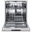Luxell LXBDW-100 12-place integrated dishwasher shown open with stainless racks, cutlery basket and front control panel on white background
