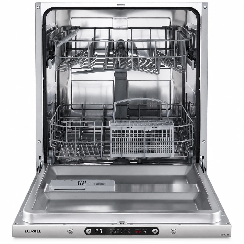 Luxell LXBDW-100 12-place integrated dishwasher shown open with stainless racks, cutlery basket and front control panel on white background