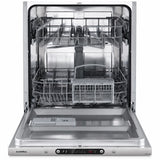 Luxell LXBDW-100 12-place integrated dishwasher shown open with stainless racks, cutlery basket and front control panel on white background