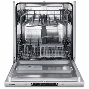 Luxell LXBDW-100 12-place integrated dishwasher shown open with stainless racks, cutlery basket and front control panel on white background