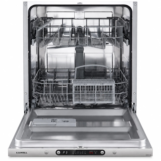 Luxell LXBDW-100 12-place integrated dishwasher shown open with stainless racks, cutlery basket and front control panel on white background