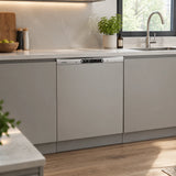 Luxell fully integrated dishwasher installed beneath the worktop in a contemporary fitted kitchen