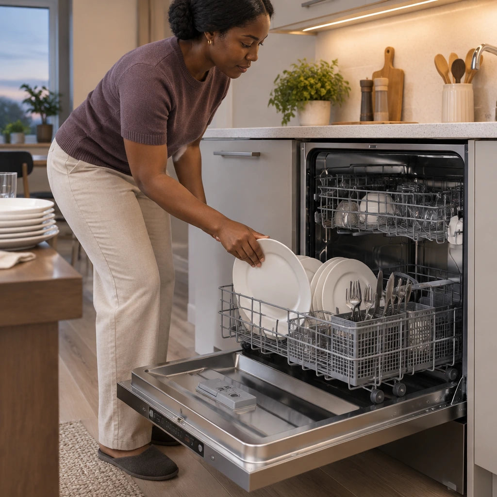 African American adult loading a dinner plate into the lower rack of a Luxell 12-place integrated dishwasher