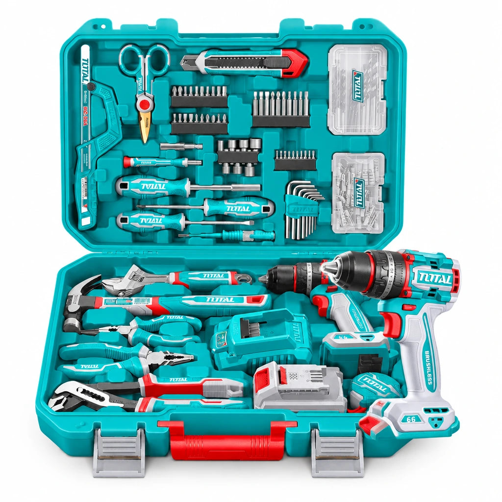 Total THKTHP41667 166-piece tool set with 20V cordless impact drill displayed in its open moulded case on white background.