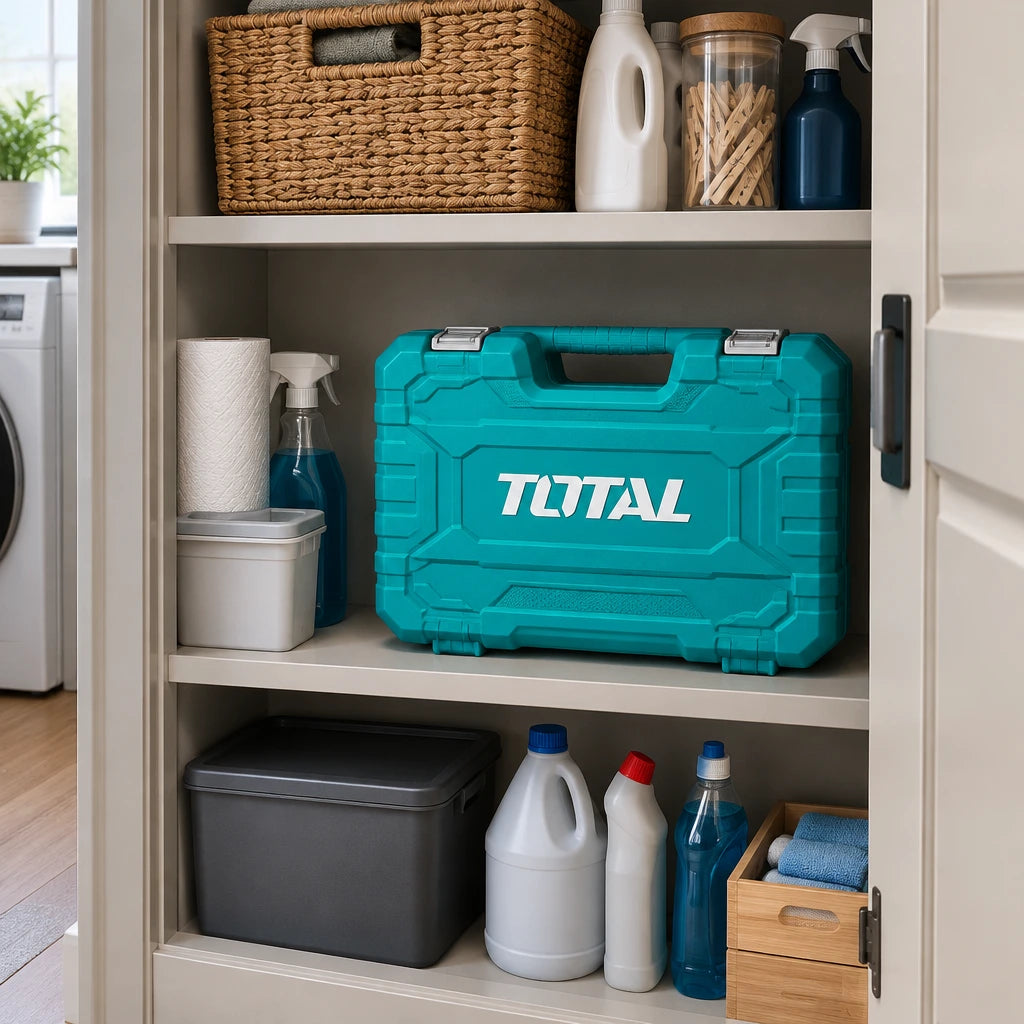 Closed Total THKTHP41667 cordless tool set stored on a shelf in a contemporary apartment utility cupboard.