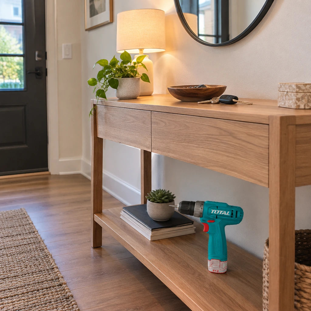 Completed timber entry console with the Total TDLI12456 cordless drill resting nearby in a modern apartment entryway