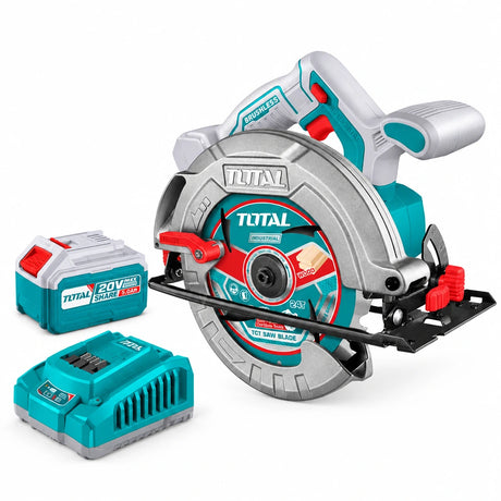 Total 20V brushless circular saw with 185mm blade, 5.0Ah battery and 4A charger on a white background