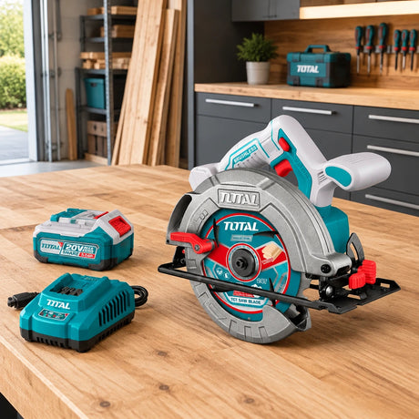 Total cordless circular saw kit resting with its battery and charger on a tidy home garage workbench