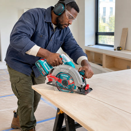 African American carpenter using the Total cordless circular saw to cut a supported timber panel during a refined apartment renovation