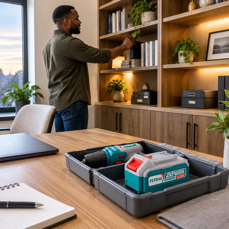 Completed home-office storage with a Total TFBLI20021 spare battery ready for the next cordless task