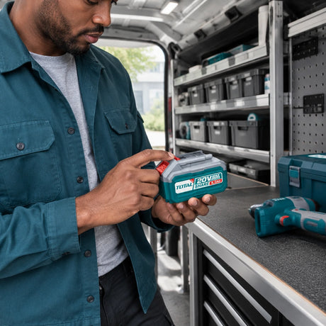 Technician checking the charge indicator on a Total TFBLI20021 spare battery in a service van