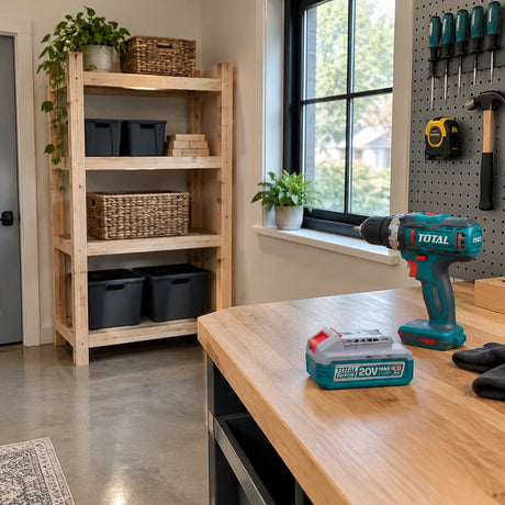 Finished timber storage project with a Total 20V battery pack and cordless tool nearby