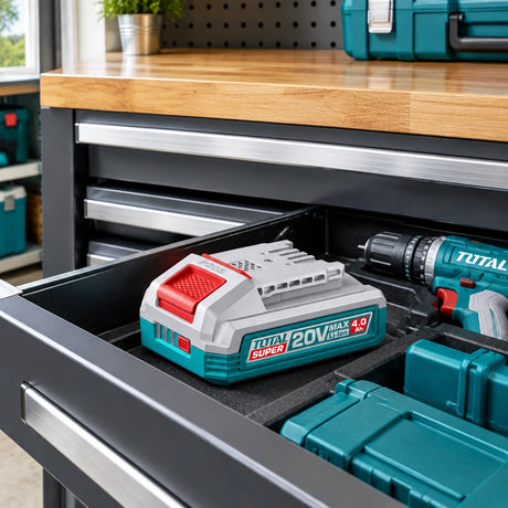 Total 20V battery pack stored in an organised premium home workshop drawer