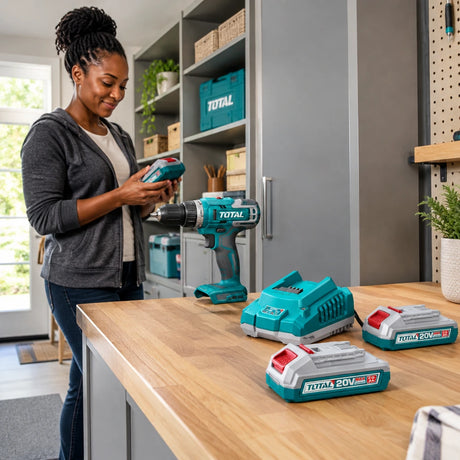 Total 20V battery and charger kit organised beside a cordless tool in a finished home utility area