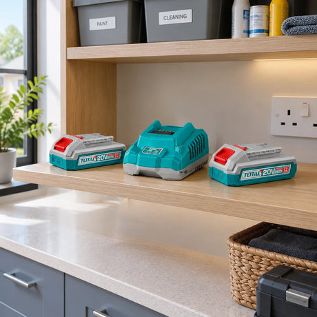 Total 20V two-battery charger kit stored on a shelf in a modern home utility room