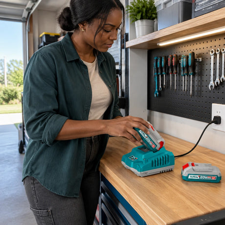 African American homeowner placing a Total 20V battery on its charger in an organised garage
