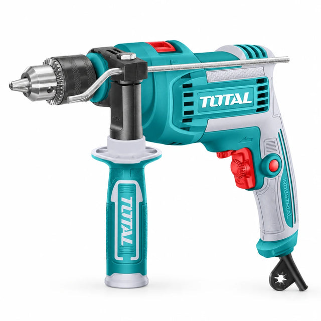 Total TG1091366 900W corded impact drill with side handle and depth rod on white background