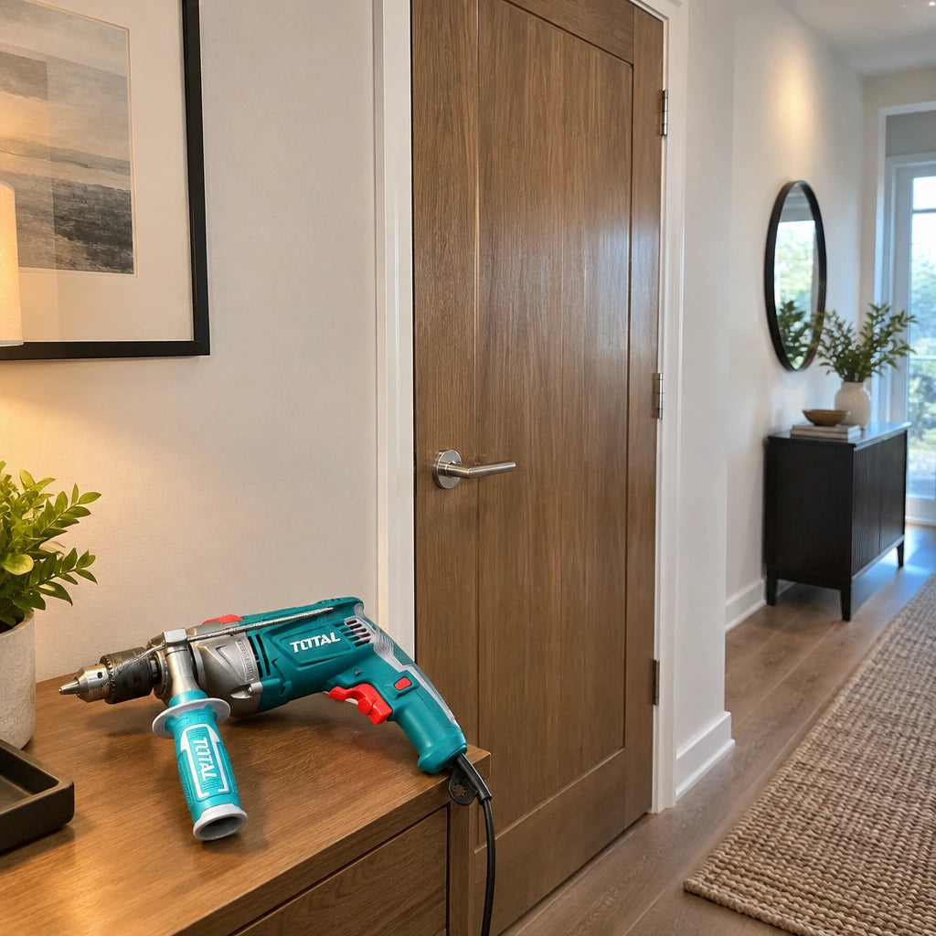 Completed interior door repair with the Total TG111136 drill resting nearby in a refined hallway