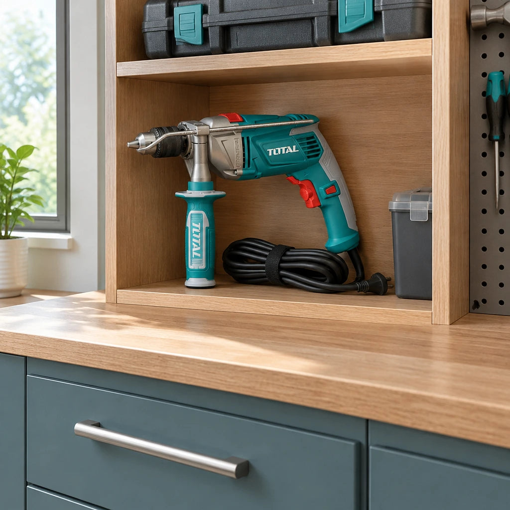 Total TG111136 impact drill resting in an organised contemporary home workshop cabinet
