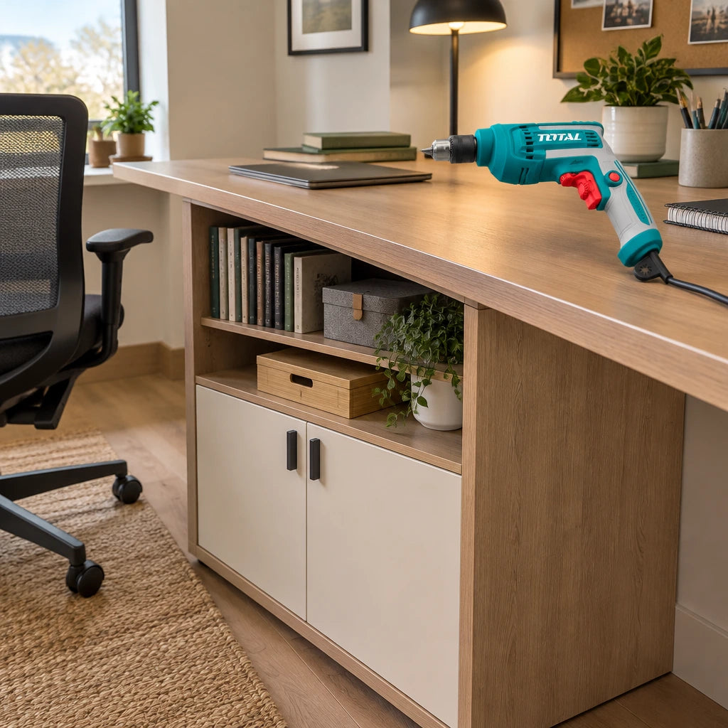Completed home office storage cabinet with a Total TD45658 drill resting nearby